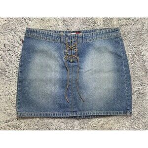 Vintage Y2K Tommy Jeans Denim Mini Skirt Lace Up Front Size 7 2000s Low Rise